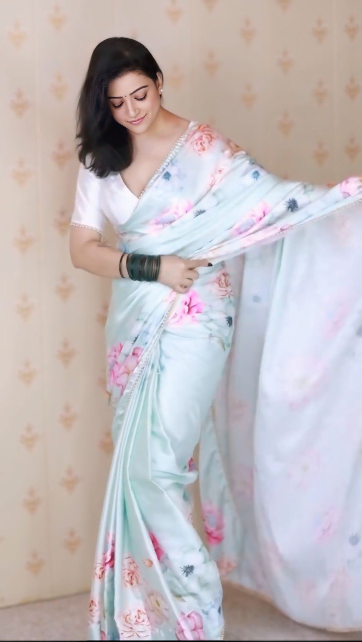 Ivory white satin silk printed ready-to-wear saree for festive occasions – VrindaaLuxe