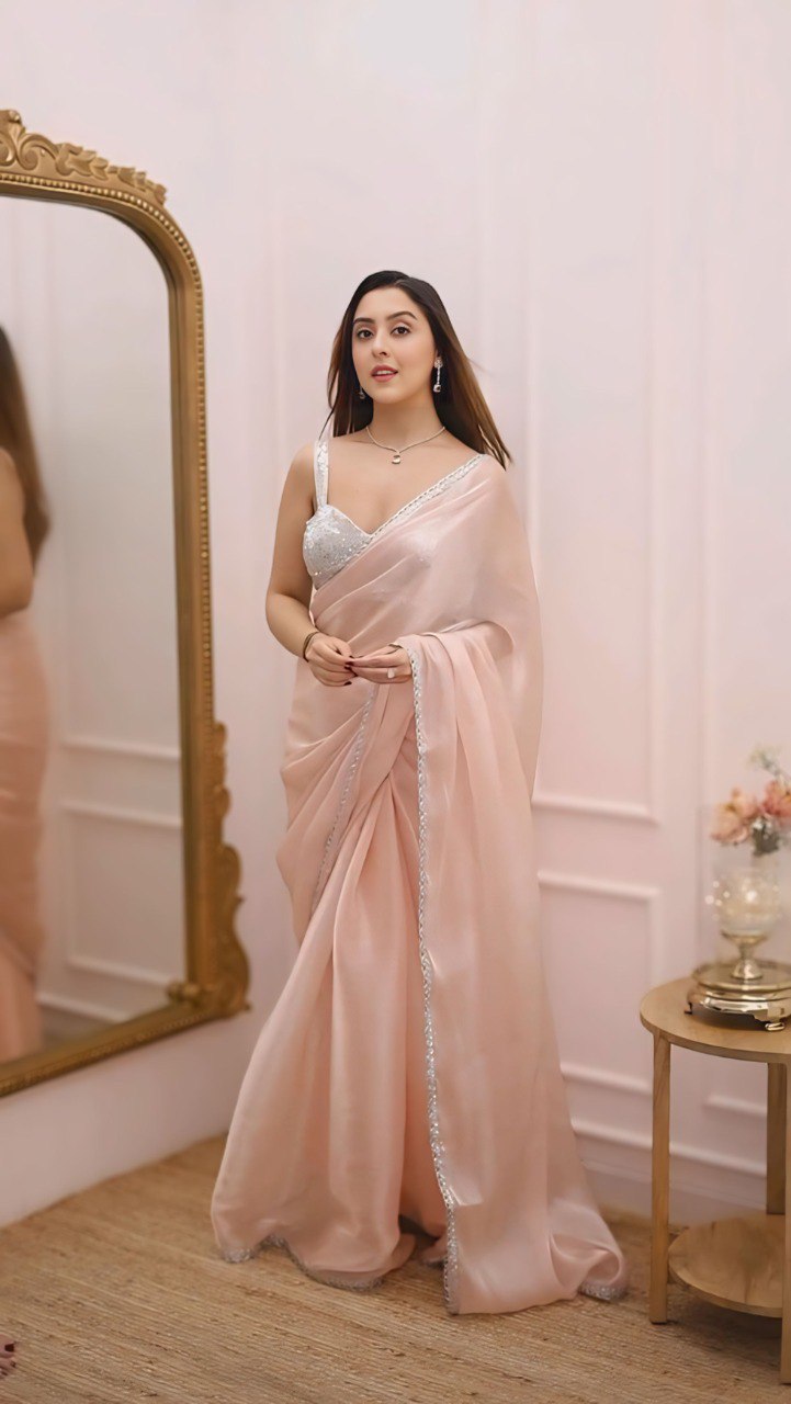Soft Georgette Ready To Wear Saree | Border Lace Work | Embroidered Blouse