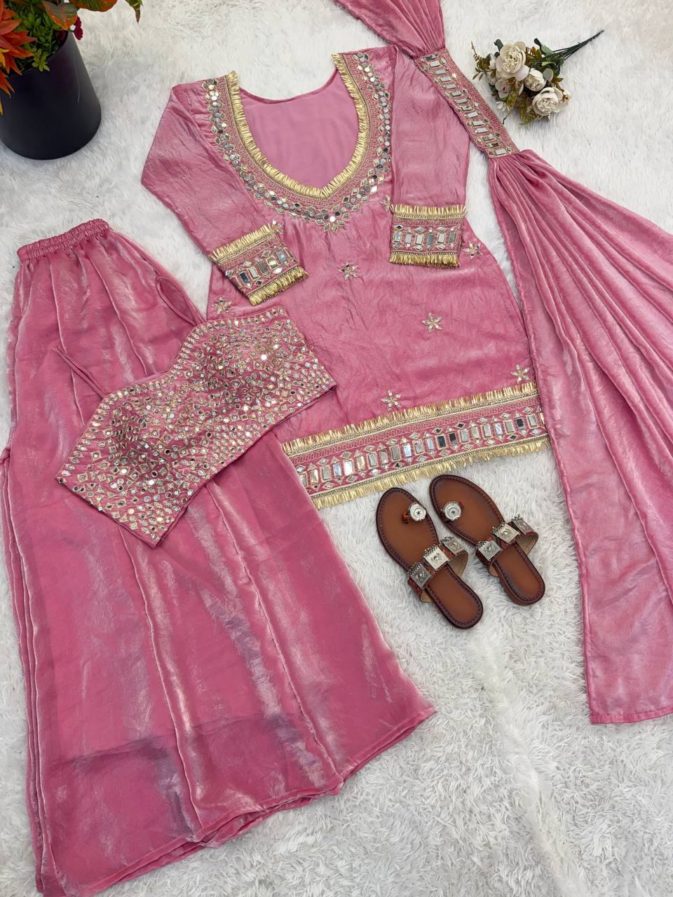 Noor-E-Aaina Fendy Silk Mirror Work Sharara Set with Dupatta