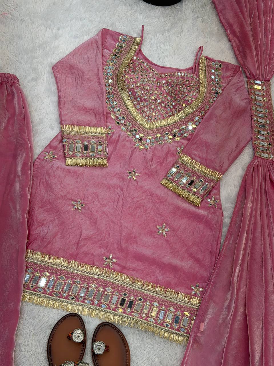 Noor-E-Aaina Fendy Silk Mirror Work Sharara Set with Dupatta