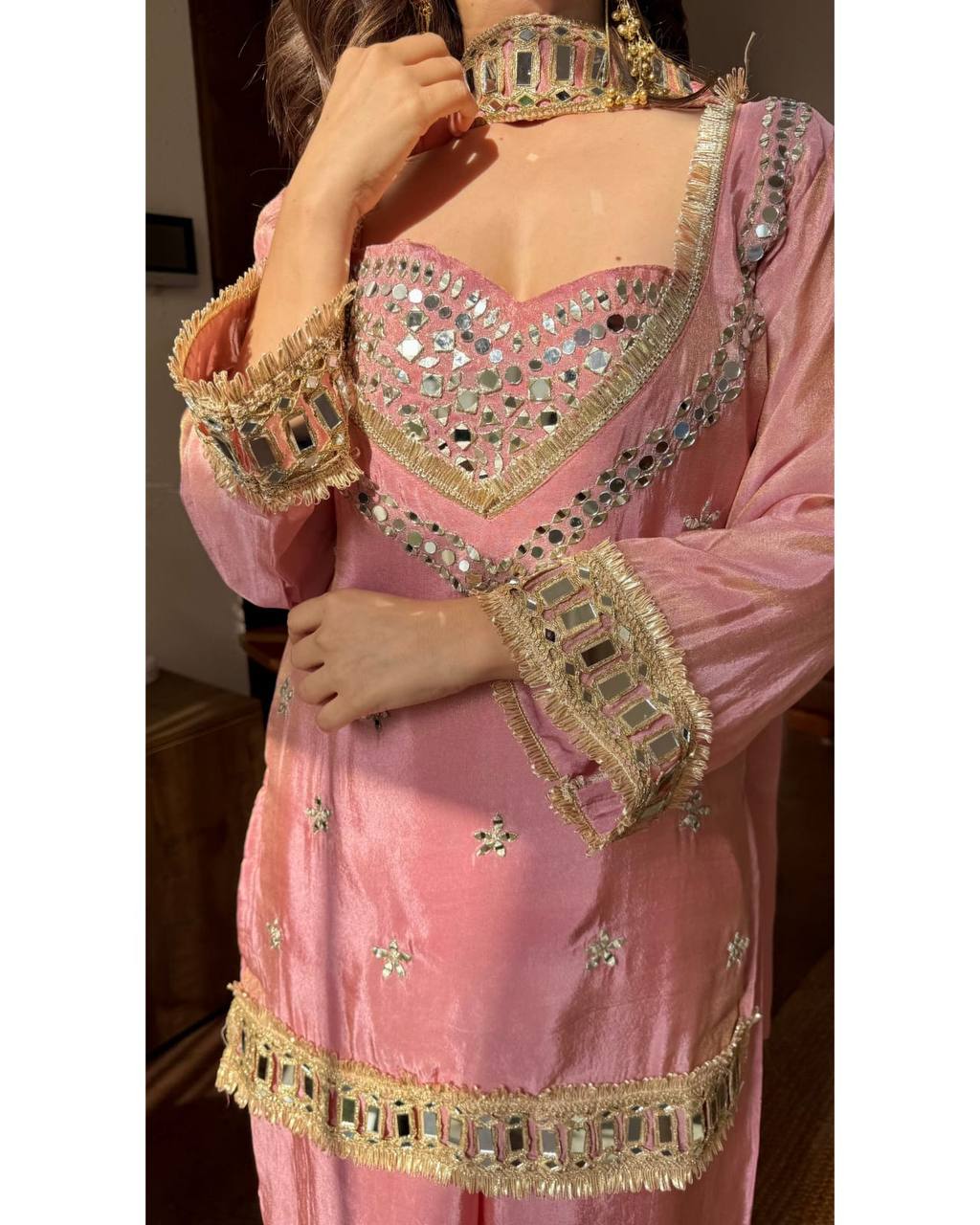 Noor-E-Aaina Fendy Silk Mirror Work Sharara Set with Dupatta