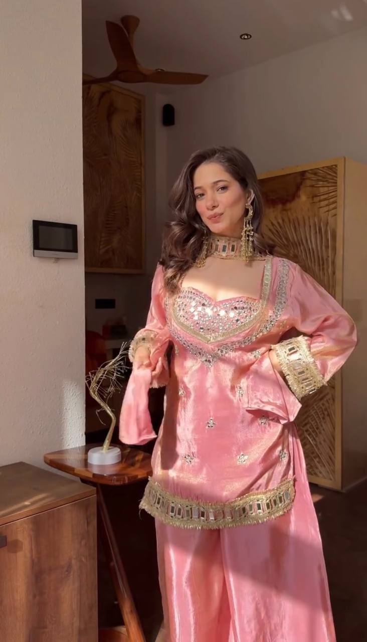Noor-E-Aaina Fendy Silk Mirror Work Sharara Set with Dupatta