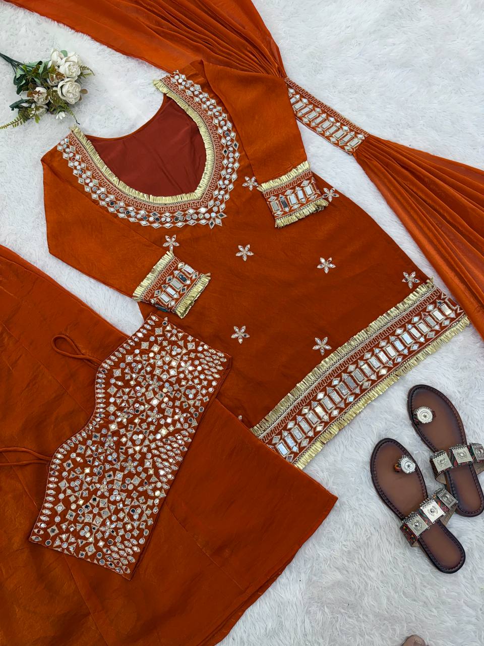 Noor-E-Aaina Fendy Silk Mirror Work Sharara Set with Dupatta