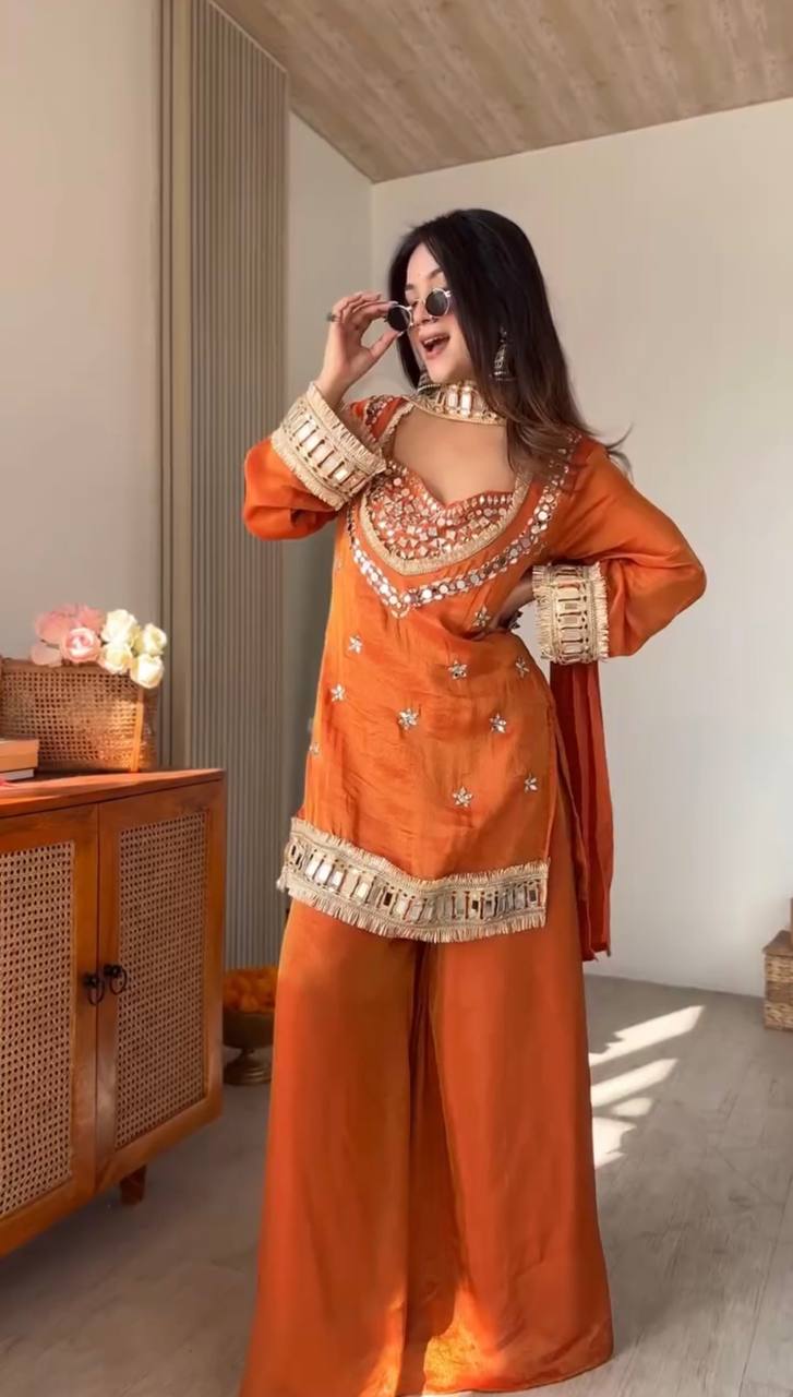 Noor-E-Aaina Fendy Silk Mirror Work Sharara Set with Dupatta