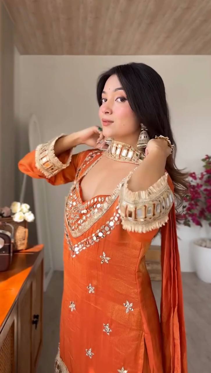 Noor-E-Aaina Fendy Silk Mirror Work Sharara Set with Dupatta