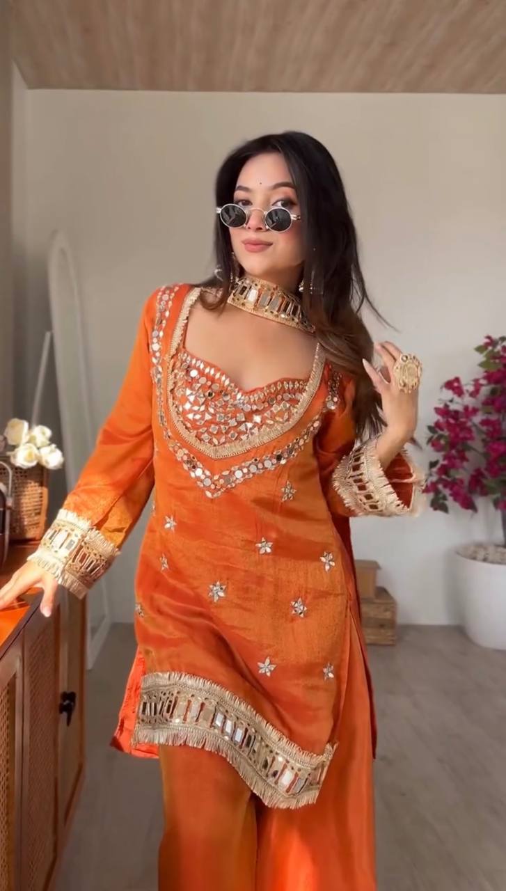Noor-E-Aaina Fendy Silk Mirror Work Sharara Set with Dupatta
