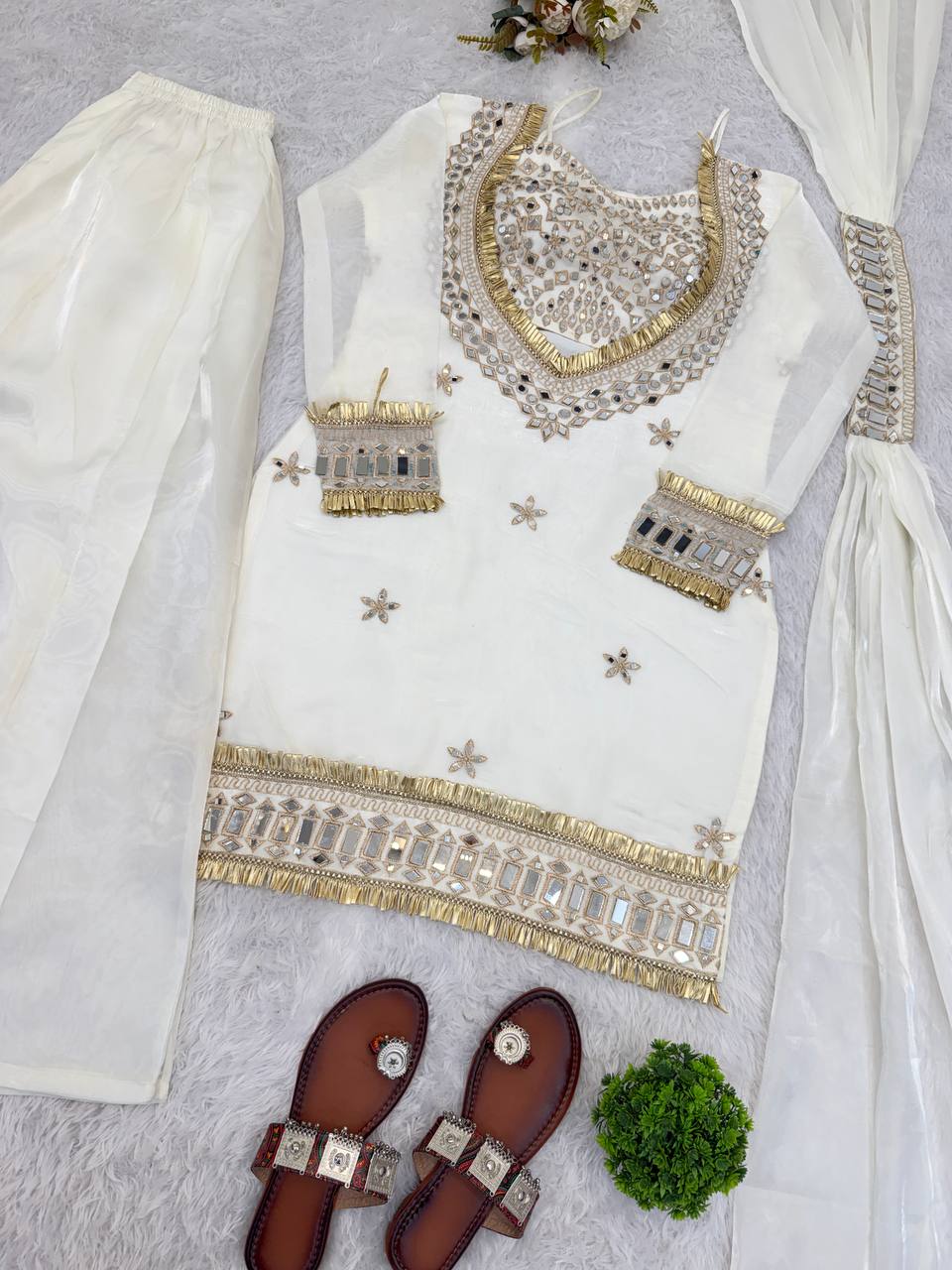 Noor-E-Aaina Fendy Silk Mirror Work Sharara Set with Dupatta