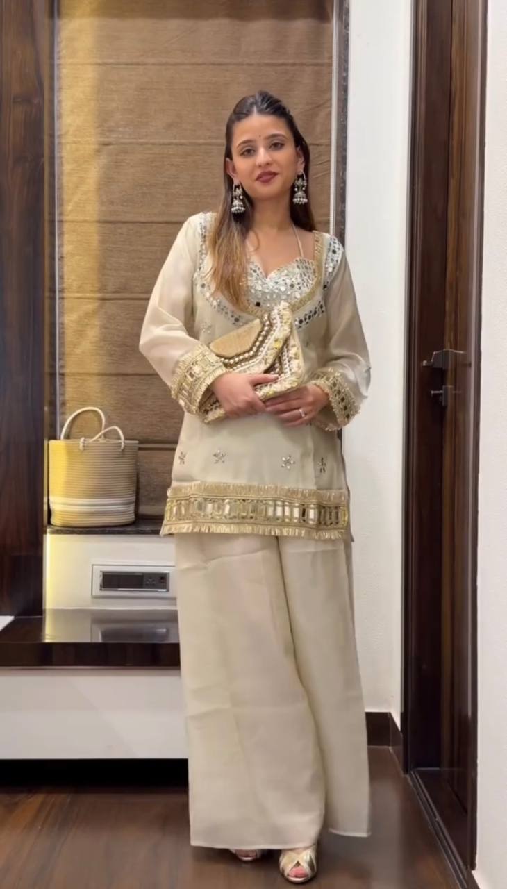 Noor-E-Aaina Fendy Silk Mirror Work Sharara Set with Dupatta