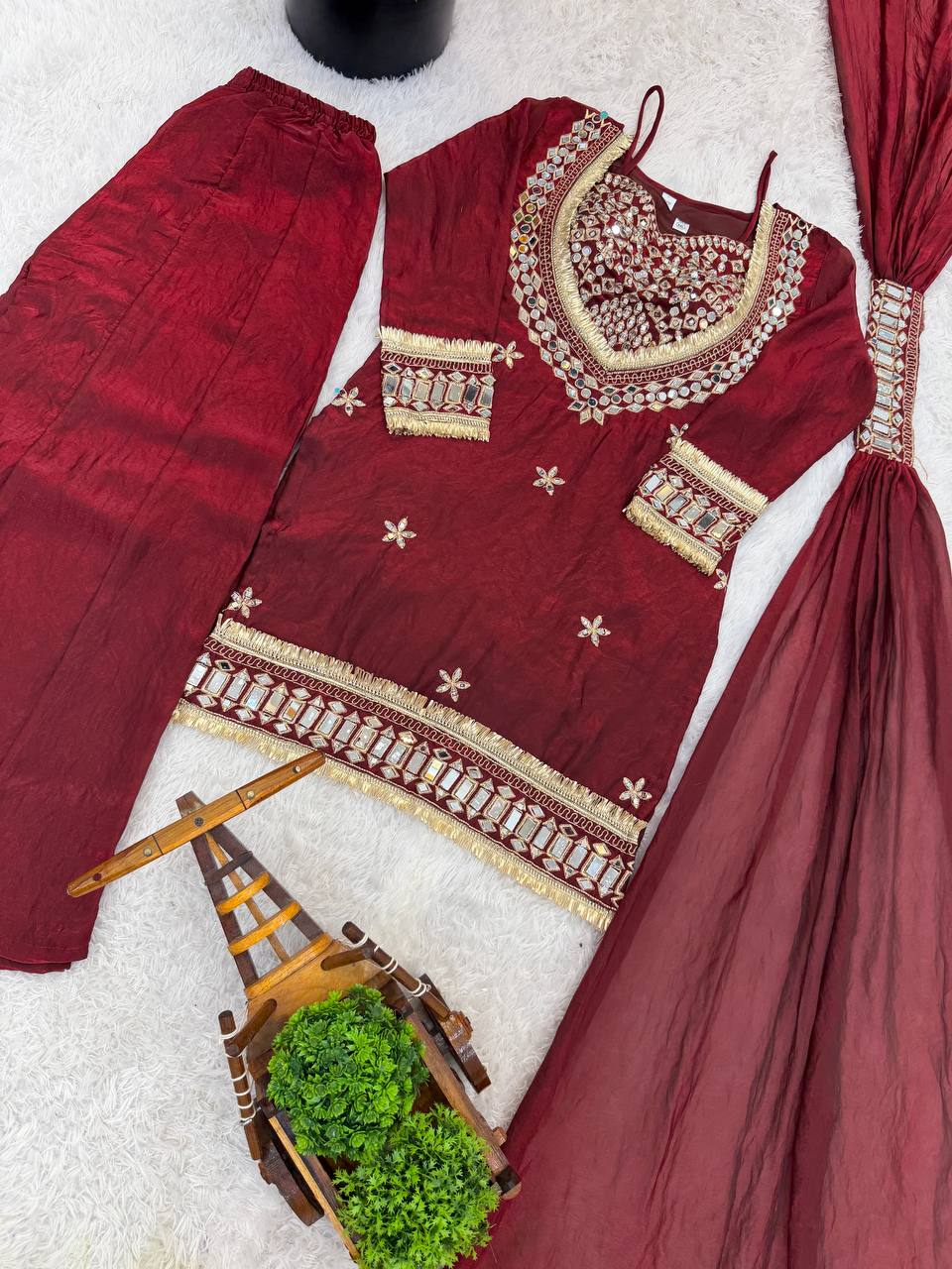 Noor-E-Aaina Fendy Silk Mirror Work Sharara Set with Dupatta