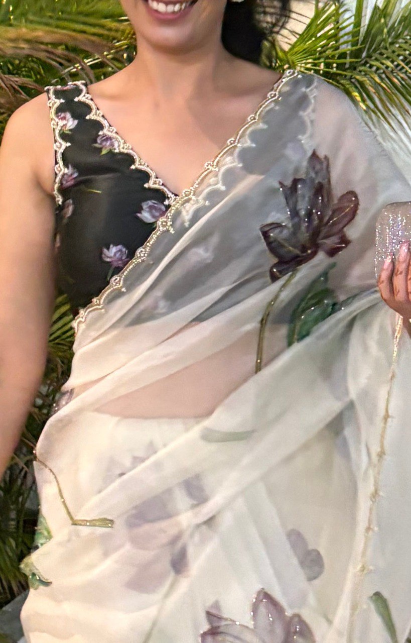 Organza Silk Printed Handwork Ready To Wear Saree | Festive