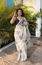 Organza Silk Printed Handwork Ready To Wear Saree | Festive