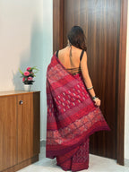 Mul Cotton Printed Saree with Pocket & Pre-Draped Silk Blouse Set | Wine Bloom