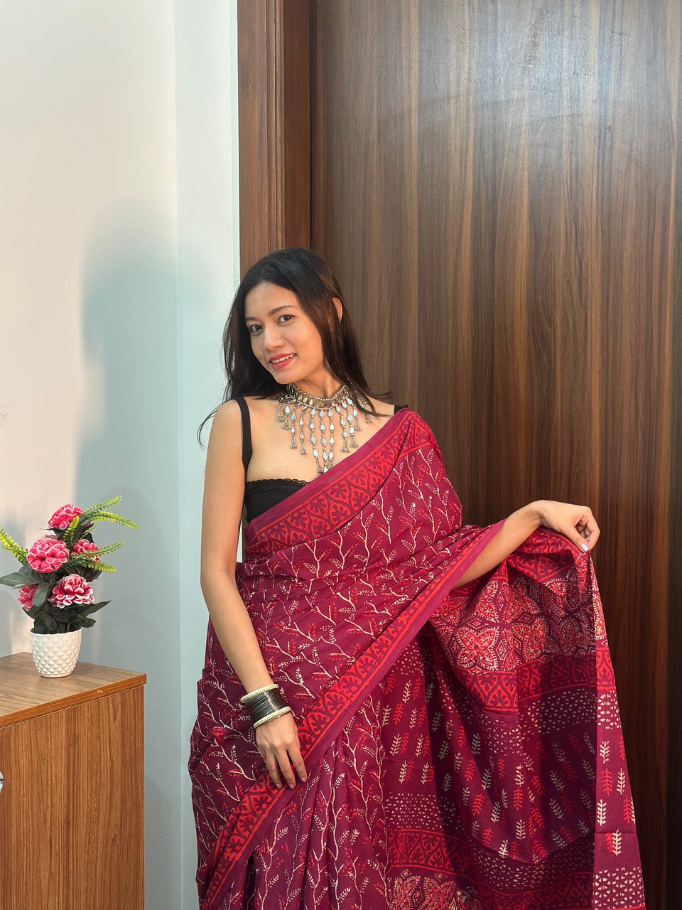 Mul Cotton Printed Saree with Pocket & Pre-Draped Silk Blouse Set | Wine Bloom