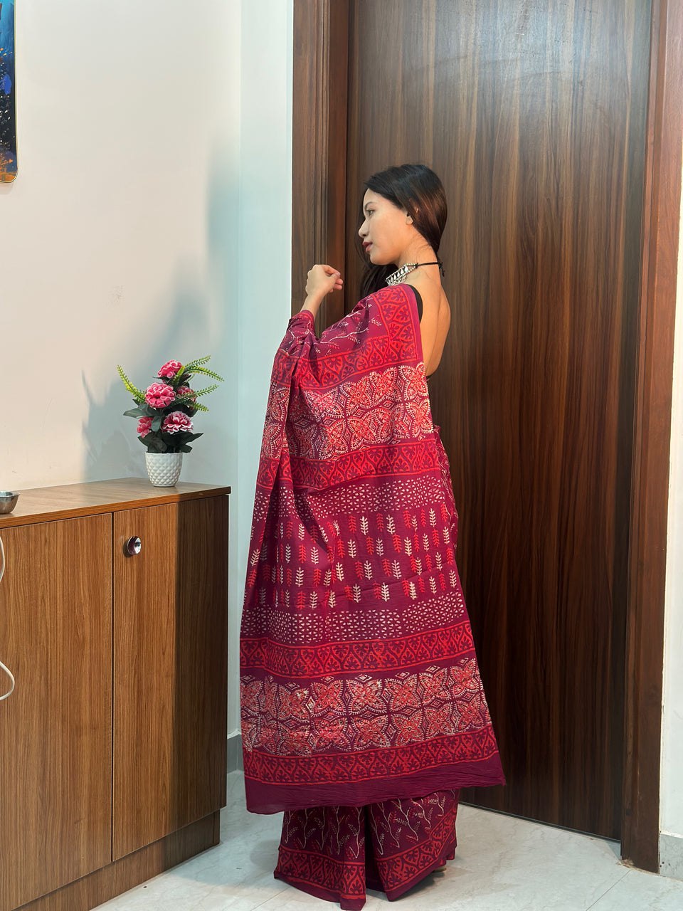 Mul Cotton Printed Saree with Pocket & Pre-Draped Silk Blouse Set | Wine Bloom