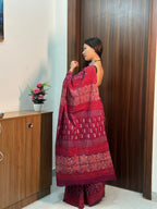 Mul Cotton Printed Saree with Pocket & Pre-Draped Silk Blouse Set | Wine Bloom
