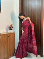 Mul Cotton Printed Saree with Pocket & Pre-Draped Silk Blouse Set | Wine Bloom