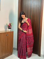 Mul Cotton Printed Saree with Pocket & Pre-Draped Silk Blouse Set | Wine Bloom