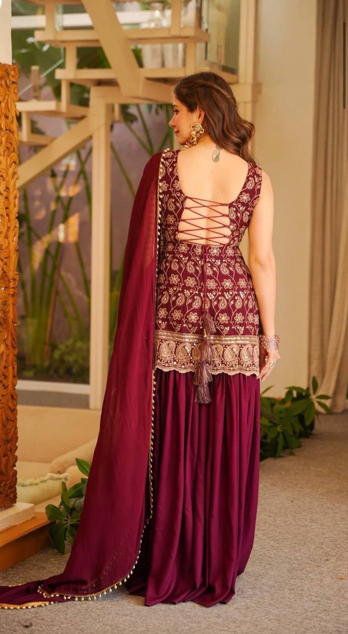 Faux Georgette Embroidery Sequin Top Palazzo Sharara Set | Party Wear